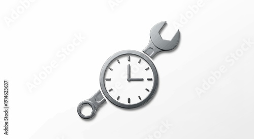Silver Wrench with Clock Face Icon Representing Timely Service and Efficient Maintenance on Isolated White Background