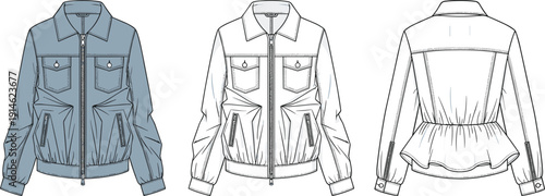 Technical fashion illustration of women’s jacket front and back views with zipper closure, flap pockets, elastic waistband, and peplum detail