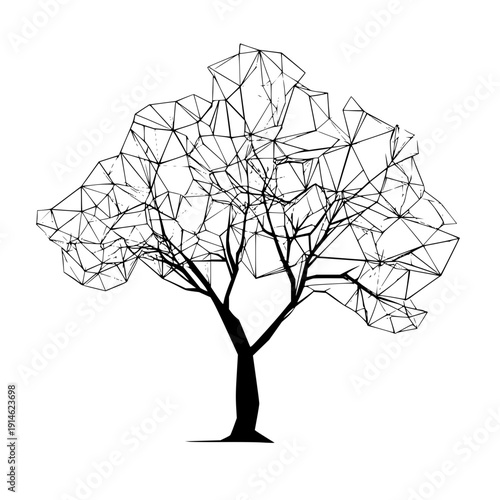 Geometric tree with abstract polygonal leaves and a solid trunk design for modern artistic appeal and style