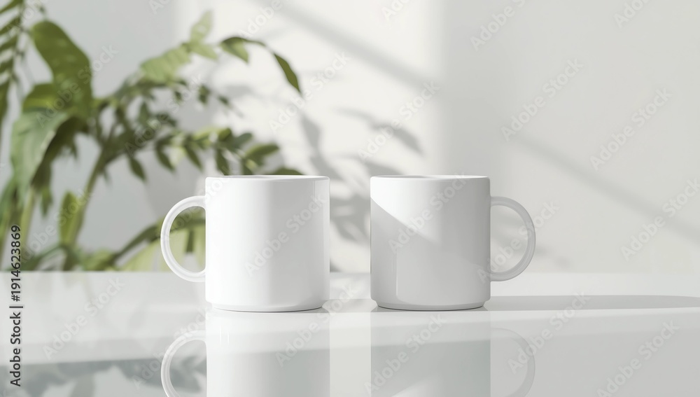 Fototapeta premium Two white mugs mockup with workspace accessories on a white table and a ficus plant