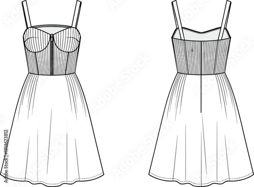 Technical fashion illustration of women’s sleeveless dress with sweetheart neckline, fitted bodice seams, flared skirt, zipper front back views