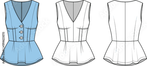 Technical fashion illustration of women’s sleeveless peplum blouse with V-neckline, princess seams, fitted bodice, flared hem, front back views