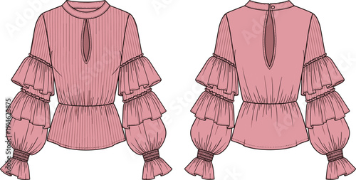 Technical fashion illustration of women’s pink blouse front and back views with layered ruffle sleeves, pleated texture, and keyhole neckline