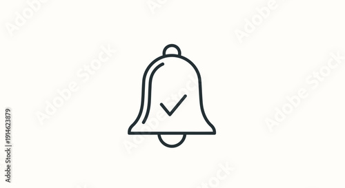 Notification Bell with Checkmark Line Icon on Isolated White Background