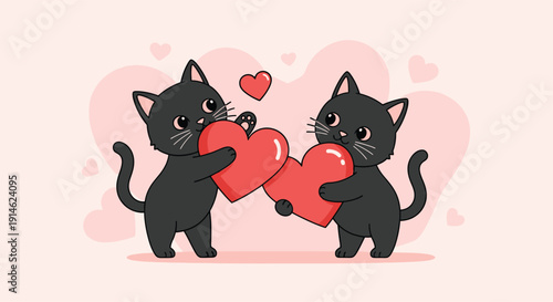 Two black cats exchanging red hearts in romantic scene