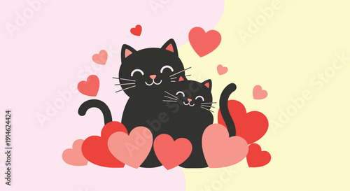 Two black cats with hearts in pastel background