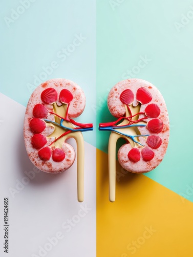 Anatomical Kidney Model Comparison for Urology Education and Medical Diagnosis Showing Internal Vascular Structures and Renal Calculus on a Clean Colorful Background