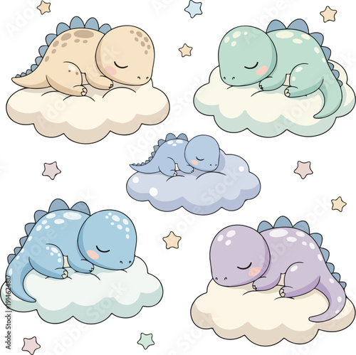 A set of pastel cute dinosaur clipart featuring kawaii dino characters sleeping on clouds, surrounded by stars in a soft color palette. Perfect for children's books, educational materials,