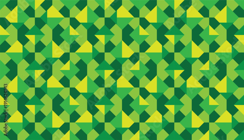 Seamless geometric pattern featuring a multi-tonal faceted mosaic in emerald, lime, and forest green. Abstract vector background with a high-density, rhythmic prismatic grid