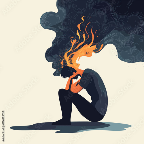 Professional, emotional or job burnout. Mental health issues or panic attack concept , vector style simple color