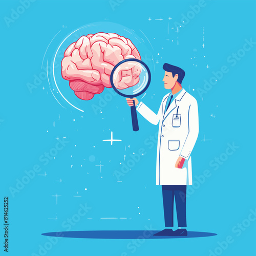 Doctor analyzing a human brain with a magnifying glass