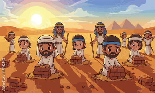 Biblical scene of hebrew slaves building bricks in ancient egypt.