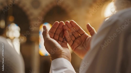 Man Praying Hands Raised in Worship Inside Mosque During Golden Hour.