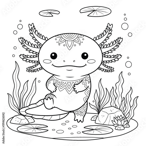 Smiling axolotl standing near rocks and water lilies in peaceful pond environment drawing