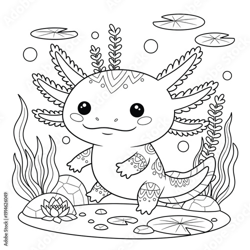 Cute axolotl character walking on lake bottom with lily pads and aquatic plants background