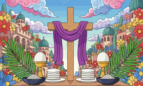 Easter holy week scene with cross, palms, and eucharist elements.