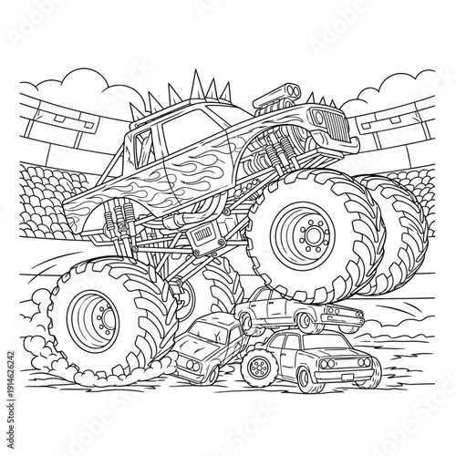 Monster truck with large tires crushing three cars in a stadium line art vector
