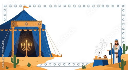 Biblical tabernacle frame with priest, menorah, and copy space.