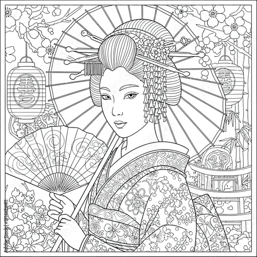 Japanese geisha holding a fan and umbrella in a traditional garden line art vector