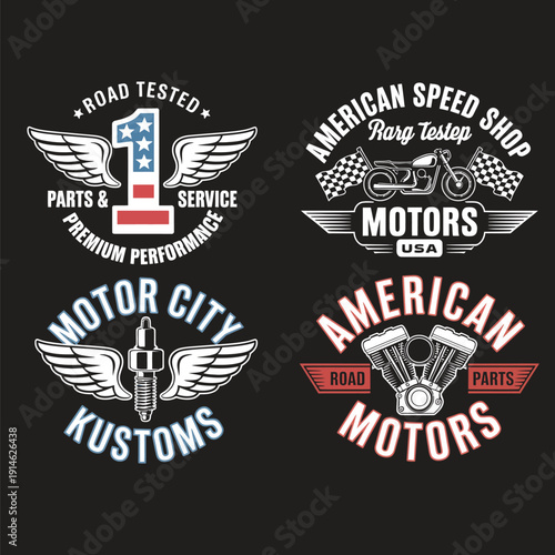 Four Motorcycle Shop with Wings and Engines on Black Background motors parts service