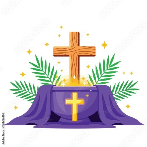 Wooden cross and holy vessel with palm leaves for easter or lent.