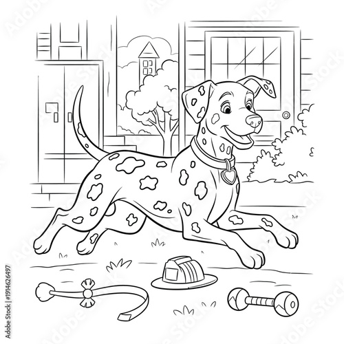 Dalmatian dog running happily in yard with toys near house and trees