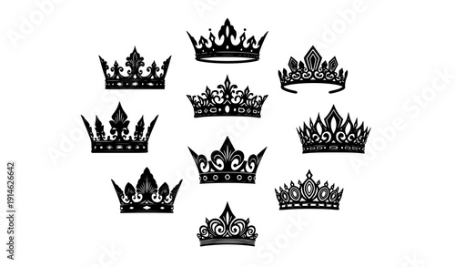 Ornamental Royal Crown Silhouette Collection Vector King and Princess Crown Symbols