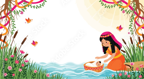 Pharaoh's daughter finds baby moses in the river reeds.