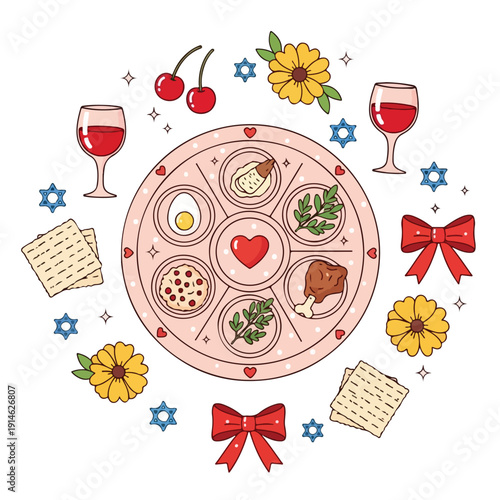 Passover seder plate illustration with traditional symbols and food.