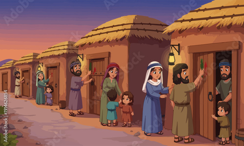 Families applying the blood of the lamb during the passover.