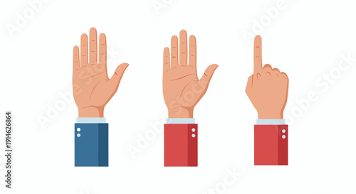 Vector illustration of hand gestures with different hand signs and sleeve colors in a vector graphic format.