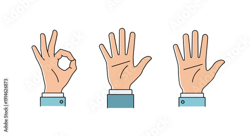 Vector illustration of hand gestures with OK sign and open hand in a simple style
