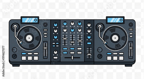 DJ Controller with Turntables and Mixer on Transparent Background, Isolated, Vector Illustration