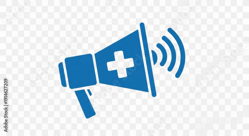 Blue Medical Megaphone Announcement with Cross Symbol on Transparent Background