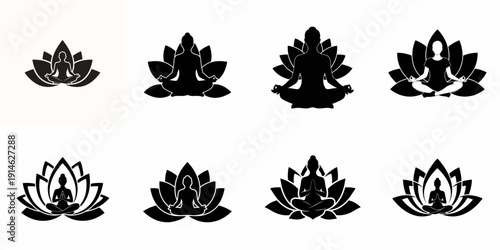 Minimalist Yoga and Meditation Lotus Icons Collection: Silhouettes of figures in Padmasana within blooming flowers.