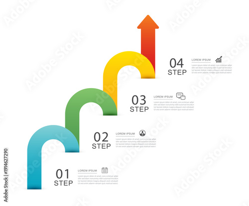 Infographic business growth strategy with 4 steps and rising arrows.
