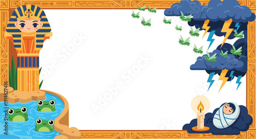 Cartoon frame with moses and the plagues of egypt illustration.
