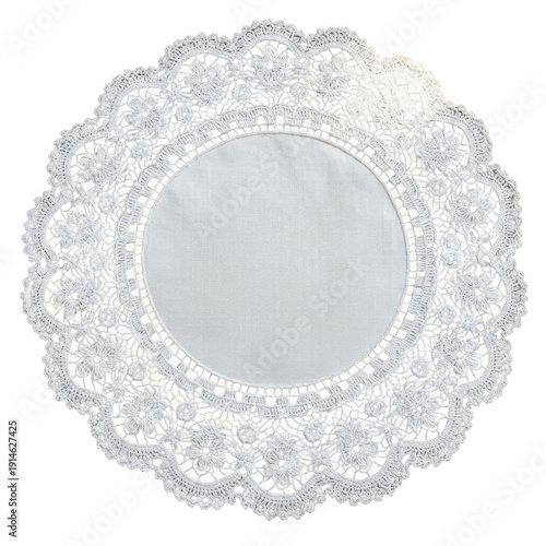 Elegant white lace doily with a solid center and intricate scalloped border isolated on transparent background