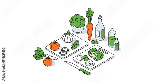 Fresh Vegetables and Ingredients Prepared for Cooking on Cutting Boards.