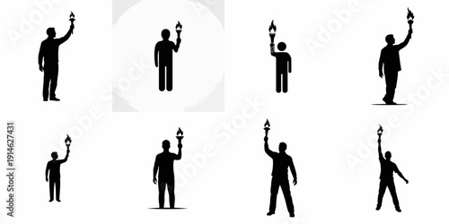 Collection of eight man silhouettes holding flaming torches, symbolizing guidance, inspiration, competition, and leadership, isolated on white background.