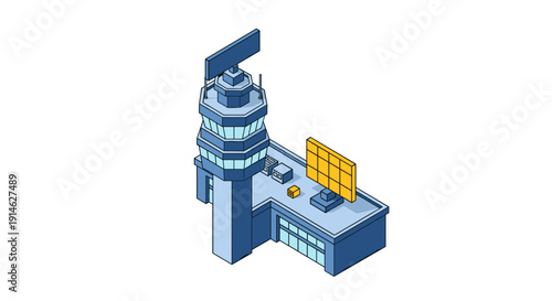 Isometric Air Traffic Control Tower with Radar and Solar Panels.