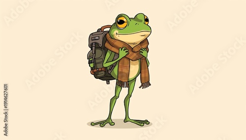 A traveler frog, vector illustration. Humanized backpacker frog ready for adventures.