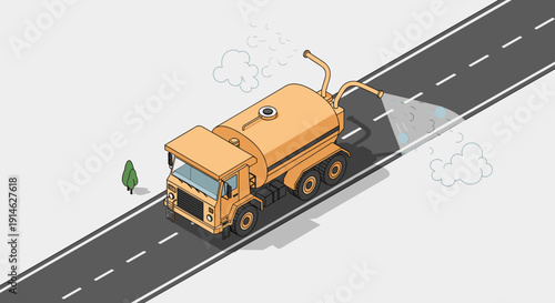 Isometric illustration of a yellow tanker truck driving on a road.