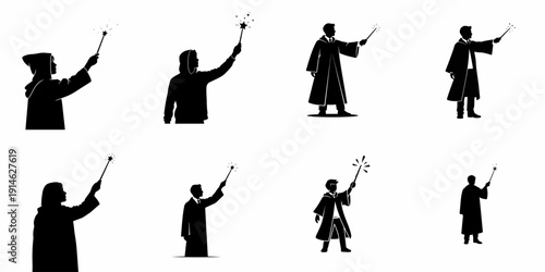 A set of black silhouettes depicting wizards and young people in robes or hoodies casting spells with sparkling magic wands, isolated on white background.