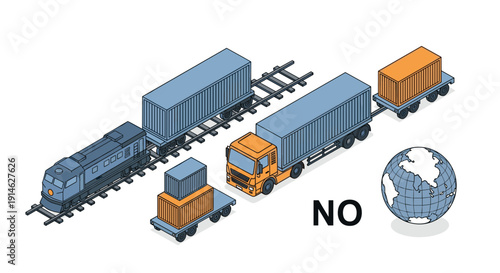 Isometric illustration of global logistics and transportation network.