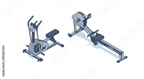Isometric illustration of gym equipment for fitness and exercise.