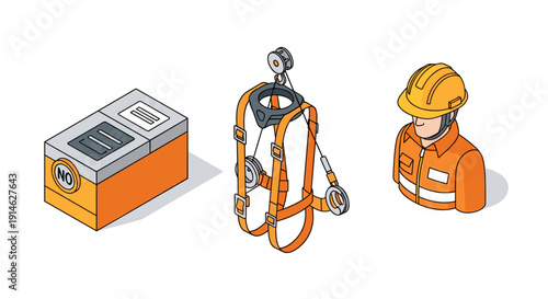 Isometric illustration of industrial safety equipment and worker.