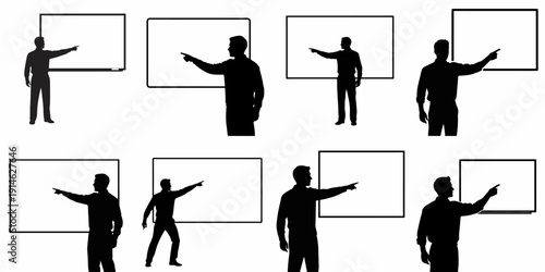 Presentation and teaching concept vector set: Man pointing at blank whiteboard or screen, business or education theme.