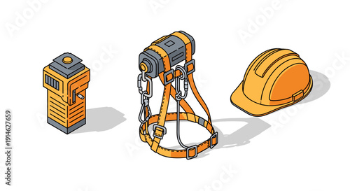 Isometric illustration of industrial safety equipment including a hard hat, harness, and hoist.