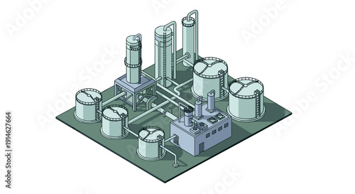 Isometric illustration of an industrial oil refinery or chemical plant.